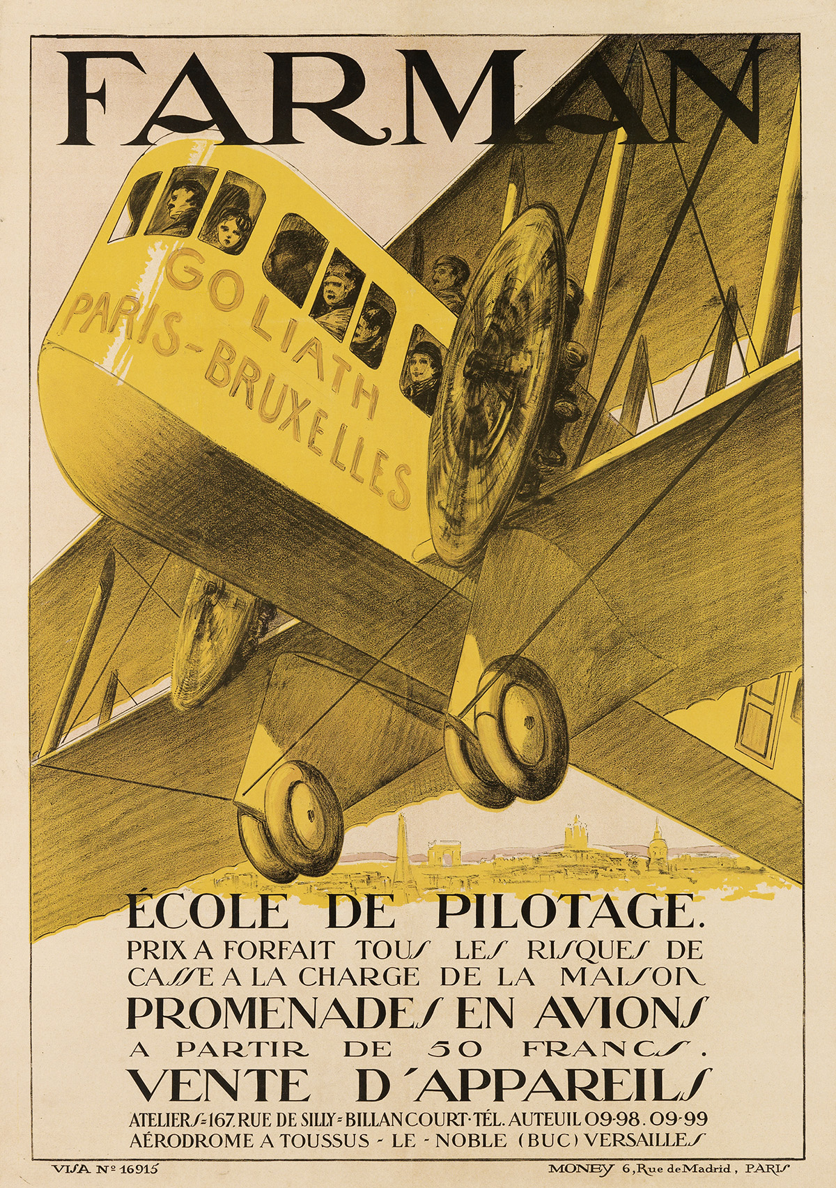 DESIGNER UNKNOWN. FARMAN / ÉCOLE DE PILOTAGE. Circa 1920. 45x31 inches, 114x80 cm. Money, Paris.